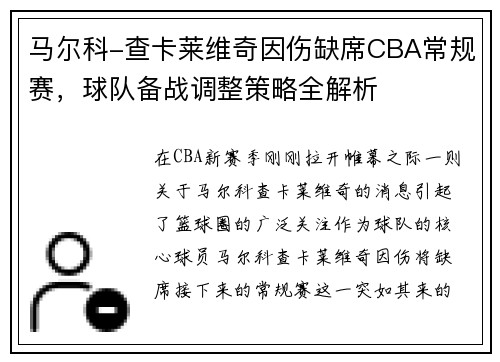 马尔科-查卡莱维奇因伤缺席CBA常规赛，球队备战调整策略全解析